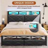Sikaic Bed Frame LED Metal Bed Frame Storage Headboard with Charging Station Black