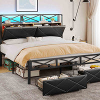 Sikaic Bed Frame LED Metal Bed Frame Storage Headboard with Charging Station Black