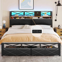 Sikaic Bed Frame LED Metal Bed Frame Storage Headboard with Charging Station Black