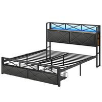 Sikaic Bed Frame LED Metal Bed Frame Storage Headboard with Charging Station Black