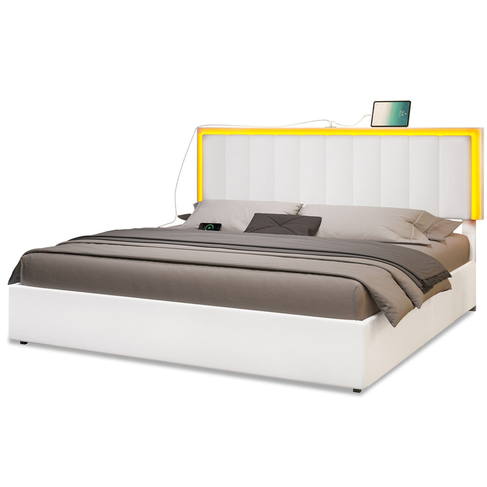 Sikaic Bed Frame LED Platform Bed Frame with Storage Drawers White