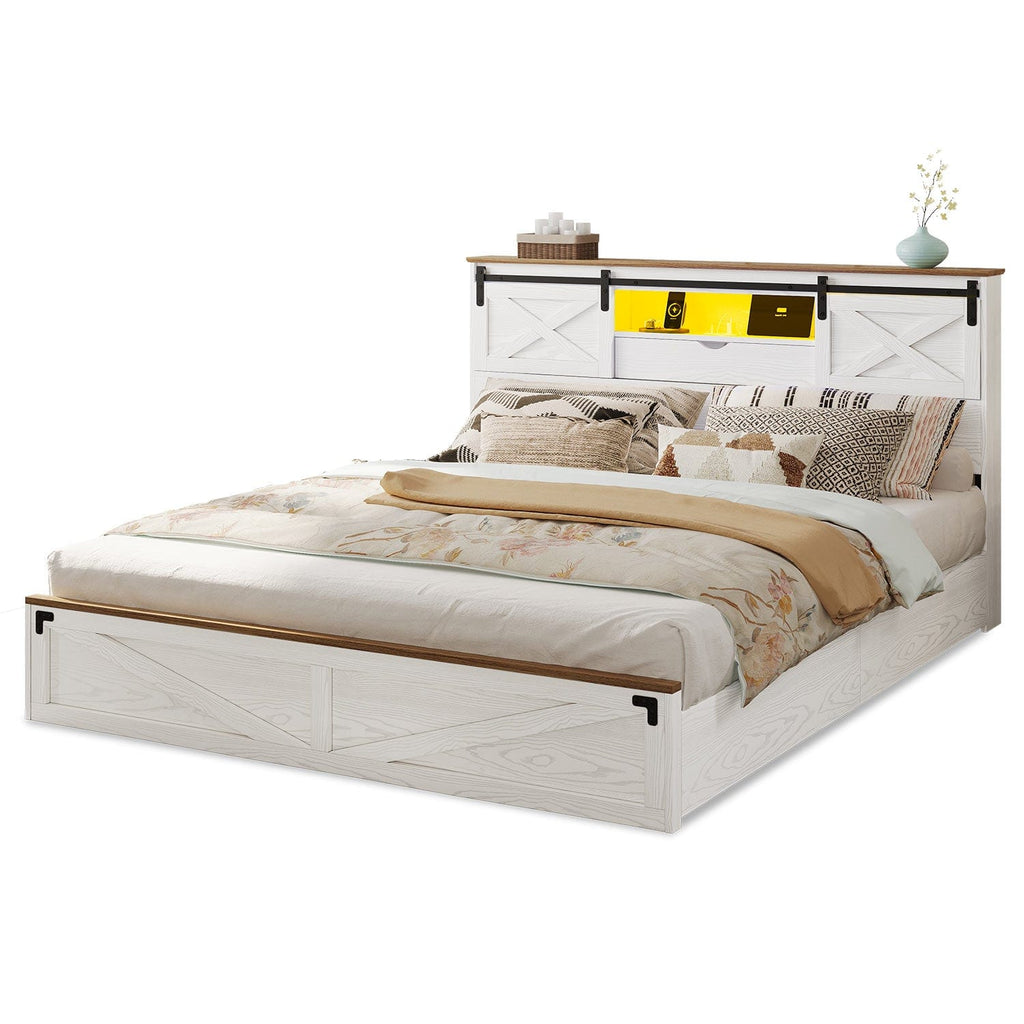 LED Wooden Platform Bed Frame with Storage Headboard White