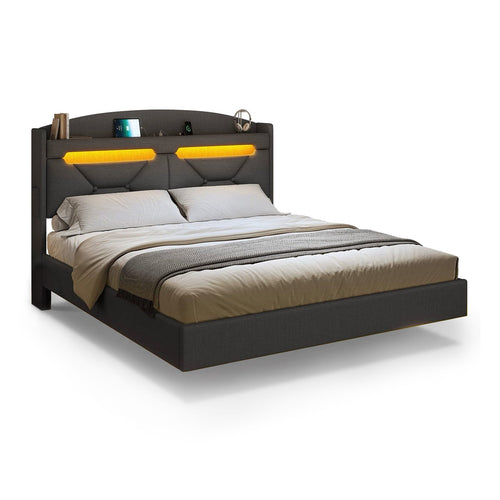 Sikaic Bed Frame Linen LED Floating Bed Frame with Charging Station Dark Grey