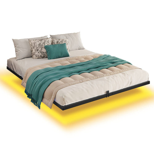 Sikaic Bed Frame Metal Floating Bed Frame with LED Lights Black