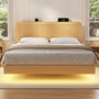 Sikaic Bed Frame SIKAIC Queen Grooved Bed Frame with LED Lights & Charging Station Oak Oak / Queen / Engineered Wood