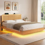 Sikaic Bed Frame SIKAIC Queen Grooved Bed Frame with LED Lights & Charging Station Oak Oak / Queen / Engineered Wood