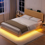 Sikaic Bed Frame SIKAIC Queen Grooved Bed Frame with LED Lights & Charging Station Oak Oak / Queen / Engineered Wood