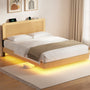 Sikaic Bed Frame SIKAIC Queen Grooved Bed Frame with LED Lights & Charging Station Oak Oak / Queen / Engineered Wood