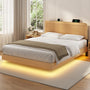 Sikaic Bed Frame SIKAIC Queen Grooved Bed Frame with LED Lights & Charging Station Oak Oak / Queen / Engineered Wood