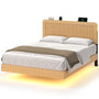 Sikaic Bed Frame SIKAIC Queen Grooved Bed Frame with LED Lights & Charging Station Oak Oak / Queen / Engineered Wood