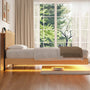 Sikaic Bed Frame SIKAIC Queen Grooved Bed Frame with LED Lights & Charging Station Oak Oak / Queen / Engineered Wood
