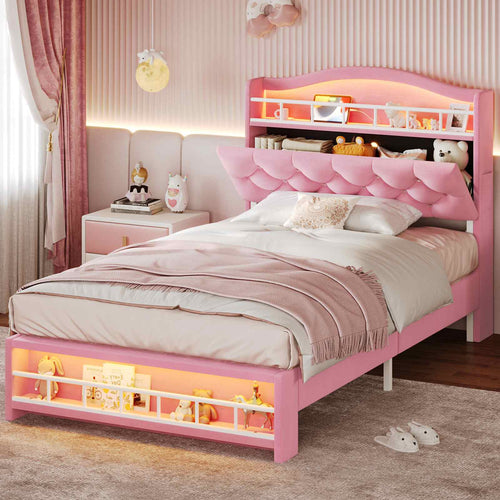 Sikaic Bed Frame Twin Princess Velvet Upholstered Bed Frame Pink Pink / Engineered Wood / Modern