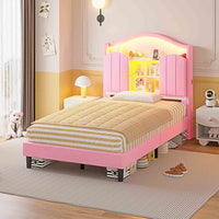 Sikaic Bed Frame Twin Size LED Bed Frame with Charging Station and Storage Headboard Pink Pink / Engineered Wood / Modern