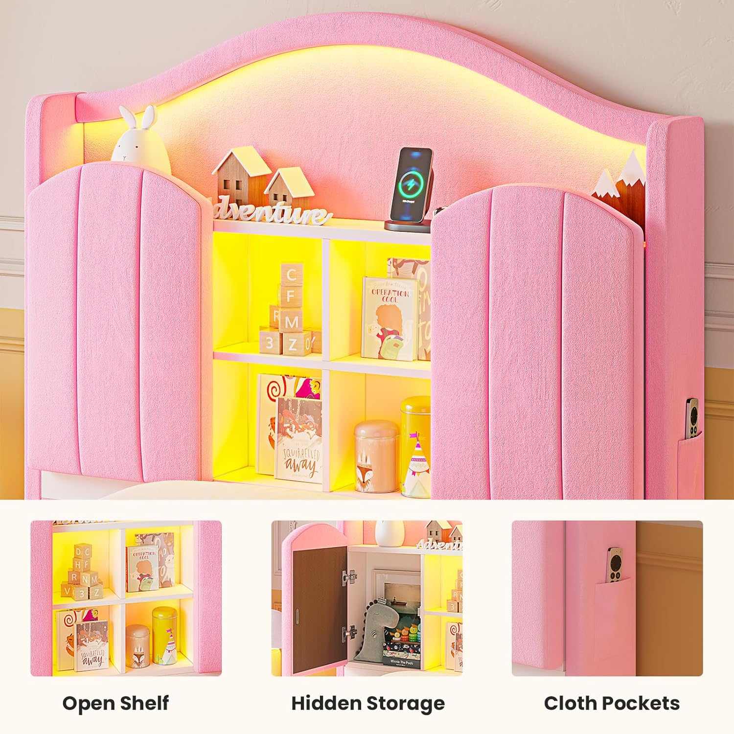 Pink Led Bed Frame Twin LED Bed Frame with Charging Station and Storage Headboard Pink