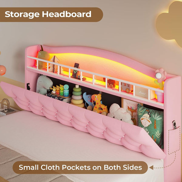 Full Princess Velvet Upholstered LED Bed Frame Pink