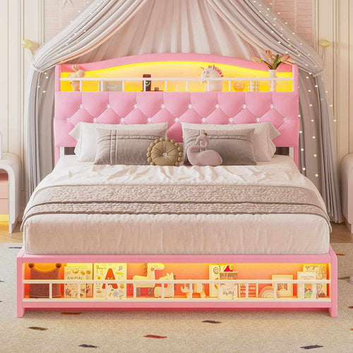 Sikaic Bed Frame Full Princess Velvet Upholstered LED Bed Frame Pink Pink / Full / Engineered Wood