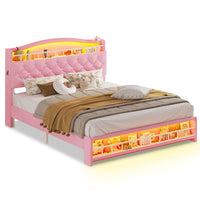 Sikaic Bed Frame Full Princess Velvet Upholstered LED Bed Frame Pink Pink / Full / Engineered Wood