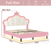 Sikaic Bed Frame Girls Full Bed Frame with Princess Crown and LED Velvet Upholstered Platform Pink Pink / Full / Engineered Wood