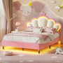 Sikaic Bed Frame Girls Queen Bed Frame with Princess Crown and LED Velvet Upholstered Platform Pink Pink / Queen / Engineered Wood