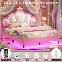 Sikaic Bed Frame Girls Queen Bed Frame with Princess Crown and LED Velvet Upholstered Platform Pink Pink / Queen / Engineered Wood