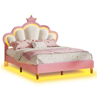 Sikaic Bed Frame Girls Queen Bed Frame with Princess Crown and LED Velvet Upholstered Platform Pink Pink / Queen / Engineered Wood