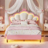 Sikaic Bed Frame Girls Queen Bed Frame with Princess Crown and LED Velvet Upholstered Platform Pink Pink / Queen / Engineered Wood