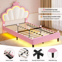 Sikaic Bed Frame Girls Twin Bed Frame with Princess Crown and LED Velvet Upholstered Platform Pink Pink / Twin / Engineered Wood