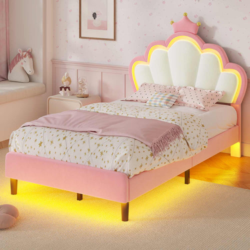 Sikaic Bed Frame Girls Twin Bed Frame with Princess Crown and LED Velvet Upholstered Platform Pink Pink / Twin / Engineered Wood