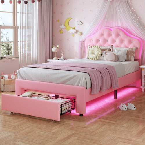 Sikaic Bed Frame Twin Size Velvet Princess Platform RGB LED Bed with Storage Drawers and Adjustable Crystal Button Headboard Pink Pink / Twin Size / Engineered Wood