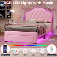Sikaic Bed Frame Twin Size Velvet Princess Platform RGB LED Bed with Storage Drawers and Adjustable Crystal Button Headboard Pink Pink / Twin Size / Engineered Wood