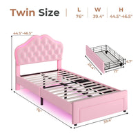 Sikaic Bed Frame Twin Size Velvet Princess Platform RGB LED Bed with Storage Drawers and Adjustable Crystal Button Headboard Pink Pink / Twin Size / Engineered Wood