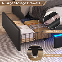 Sikaic Bed Frame Platform Metal Bed Frame with Charging Station and  LED Lights Headboard & 4 Drawers No Box Spring Needed Black