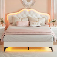 Sikaic Bed Frame Princess Velvet Upholstered Platform Bed Frame with Adjustable Crystal Button Headboard and RGB LED Lights Creamy White