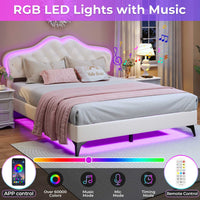 Sikaic Bed Frame Princess Velvet Upholstered Platform Bed Frame with Adjustable Crystal Button Headboard and RGB LED Lights Creamy White