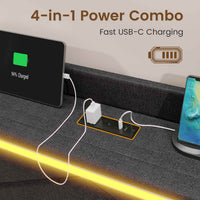 Sikaic Bed Frame PU Leather LED Bed Frame with Charging Station Storage Headboard Grey