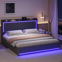 Sikaic Bed Frame PU Leather LED Bed Frame with Charging Station Storage Headboard Grey