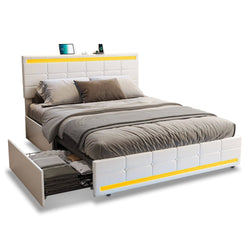 Sikaic Bed Frame PU Leather Platform Bed Frame with 4 Storage Drawers White