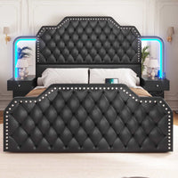 Sikaic Bed Frame PU Leather Upholstered Led Bed Frame with Storage Drawers Outlets & Nightstands Black