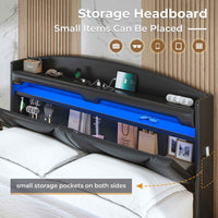 Sikaic Bed Frame RGB LED Floating Platform Bed Frame with Type-C Charging Station & Storage Headboard No Box Spring Needed PU Black