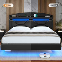 Sikaic Bed Frame RGB LED Floating Platform Bed Frame with Type-C Charging Station & Storage Headboard No Box Spring Needed PU Black