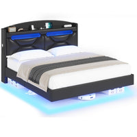 Sikaic Bed Frame RGB LED Floating Platform Bed Frame with Type-C Charging Station & Storage Headboard No Box Spring Needed PU Black