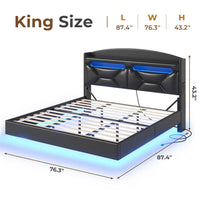 Sikaic Bed Frame RGB LED Floating Platform Bed Frame with Type-C Charging Station & Storage Headboard No Box Spring Needed PU Black