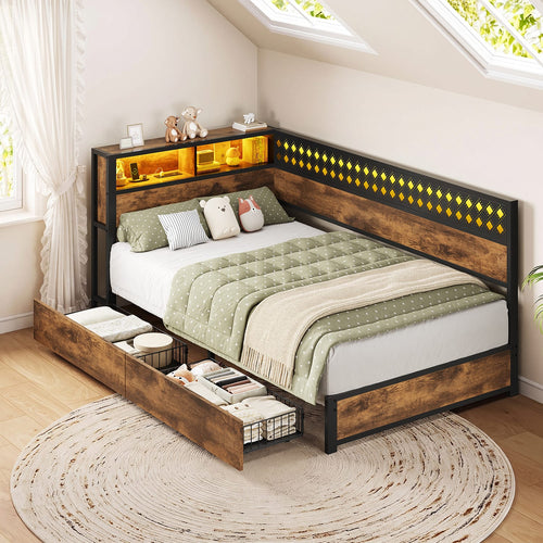 Sikaic Bed Frame Twin Size Corner Bed Frame with Storage Drawers Vintage Brown Rustic Brown / 82 x 41.5 x 35 inches / Engineered Wood & Metal