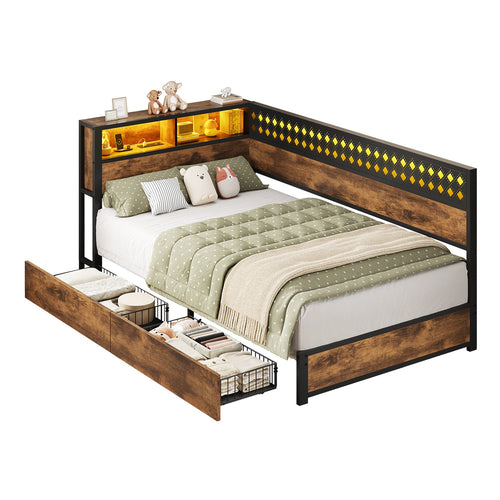 Sikaic Bed Frame Twin Size Corner Bed Frame with Storage Drawers Vintage Brown Rustic Brown / 82 x 41.5 x 35 inches / Engineered Wood & Metal