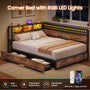 Sikaic Bed Frame L-Shaped Bed Frame with Charging Station and LED Lights Vintage Brown Rustic Brown / 82 x 57 x 35 inches / Engineered Wood