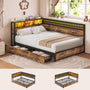Sikaic Bed Frame L-Shaped Bed Frame with Charging Station and LED Lights Vintage Brown Rustic Brown / 82 x 57 x 35 inches / Engineered Wood
