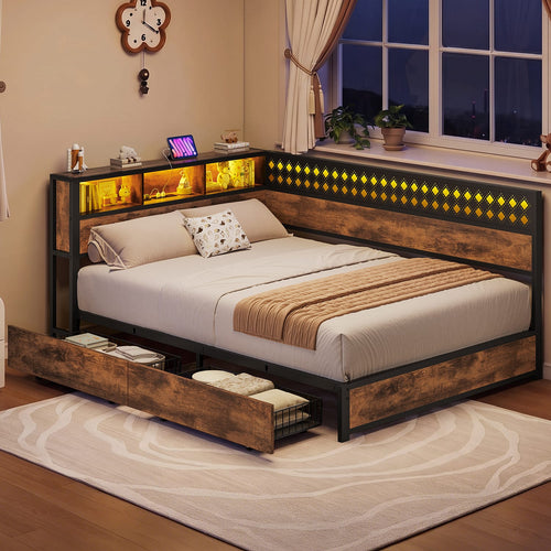 Sikaic Bed Frame L-Shaped Bed Frame with Charging Station and LED Lights Vintage Brown Rustic Brown / 82 x 57 x 35 inches / Engineered Wood