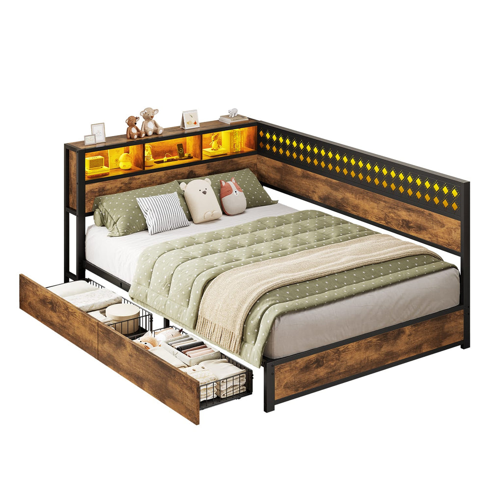 Sikaic Bed Frame L-Shaped Bed Frame with Charging Station and LED Lights Vintage Brown Rustic Brown / 82 x 57 x 35 inches / Engineered Wood