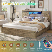 Sikaic Bed Frame Farmhouse King Size Wooden Platform Bed Frame with LED Lights and Charging Station Storage Drawers Sliding Barn Door Headboard Rustic Oak