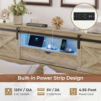 Sikaic Bed Frame Farmhouse King Size Wooden Platform Bed Frame with LED Lights and Charging Station Storage Drawers Sliding Barn Door Headboard Rustic Oak